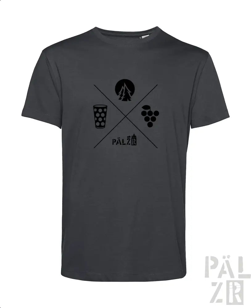 Holzkohlgraues T-Shirt mit schwarzem Grafikdesign, das ein gekreuztes Bierglas, Trauben und Logo zeigt.