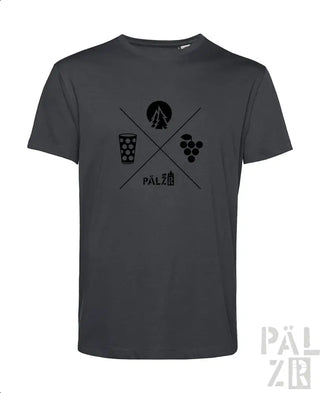 Holzkohlgraues T-Shirt mit schwarzem Grafikdesign, das ein gekreuztes Bierglas, Trauben und Logo zeigt.