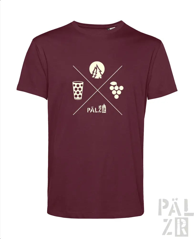Bordeaux-Farbenes T-Shirt mit weißem grafischem Design, das ein Glas Bier, Trauben und das Wort „pälzer“ in einer künstlerischen Schriftart zeigt.