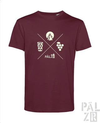 Bordeaux-Farbenes T-Shirt mit weißem grafischem Design, das ein Glas Bier, Trauben und das Wort „pälzer“ in einer künstlerischen Schriftart zeigt.