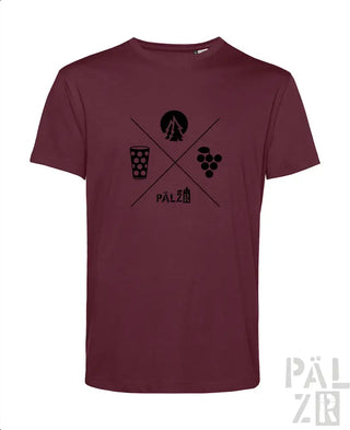 Bordeaux-T-Shirt mit schwarzem Grafikdesign mit Bierglas, Trauben und Logo