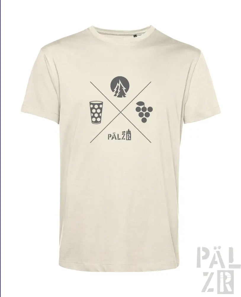 Cremeweißes T-Shirt mit schwarzem Grafikdesign, das ein gekreuztes Bierglas, Silhouette eines Baums und Trauben zeigt.