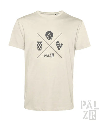 Cremeweißes T-Shirt mit schwarzem Grafikdesign, das ein gekreuztes Bierglas, Silhouette eines Baums und Trauben zeigt.