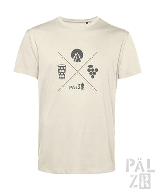 Cremeweißes T-Shirt mit schwarzem Grafikdesign, das ein gekreuztes Bierglas, Silhouette eines Baums und Trauben zeigt.