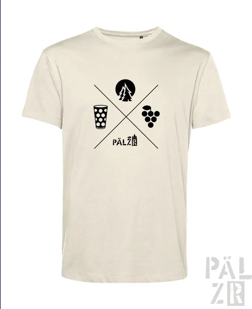 Cremeweiße T-Shirt mit schwarzem Grafikdesign, das ein gekreuztes Bierglas und Trauben zeigt, Text ’pälzb’.
