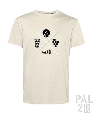 Cremeweiße T-Shirt mit schwarzem Grafikdesign, das ein gekreuztes Bierglas und Trauben zeigt, Text ’pälzb’.