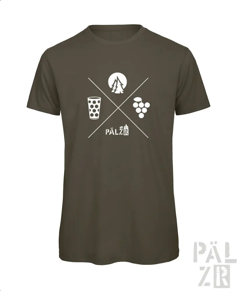 Olivgrünes T-Shirt mit weißem Grafikdesign, das ein Glas Bier, Trauben und das Wort ’pälzir’ in stilisierten Schriftzug zeigt.