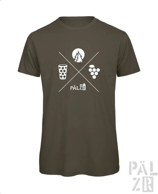 Olivgrünes T-Shirt mit weißem Grafikdesign, das ein Glas Bier, Trauben und das Wort ’pälzir’ in stilisierten Schriftzug zeigt.
