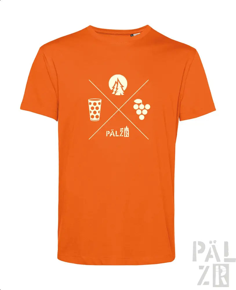 Oranges T-Shirt mit Bierglas- und Trauben-Design, Pälzer-Logo.