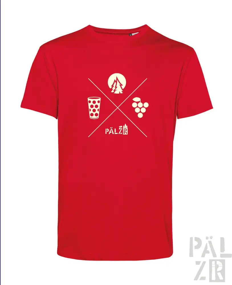 Rotes T-Shirt mit weißem Grafikdesign, das ein Glas Wein, Trauben und Silhouette eines Baums zeigt