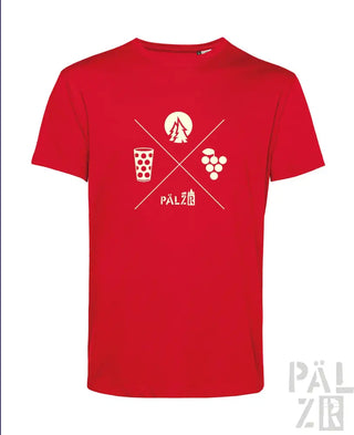 Rotes T-Shirt mit weißem Grafikdesign, das ein Glas Wein, Trauben und Silhouette eines Baums zeigt