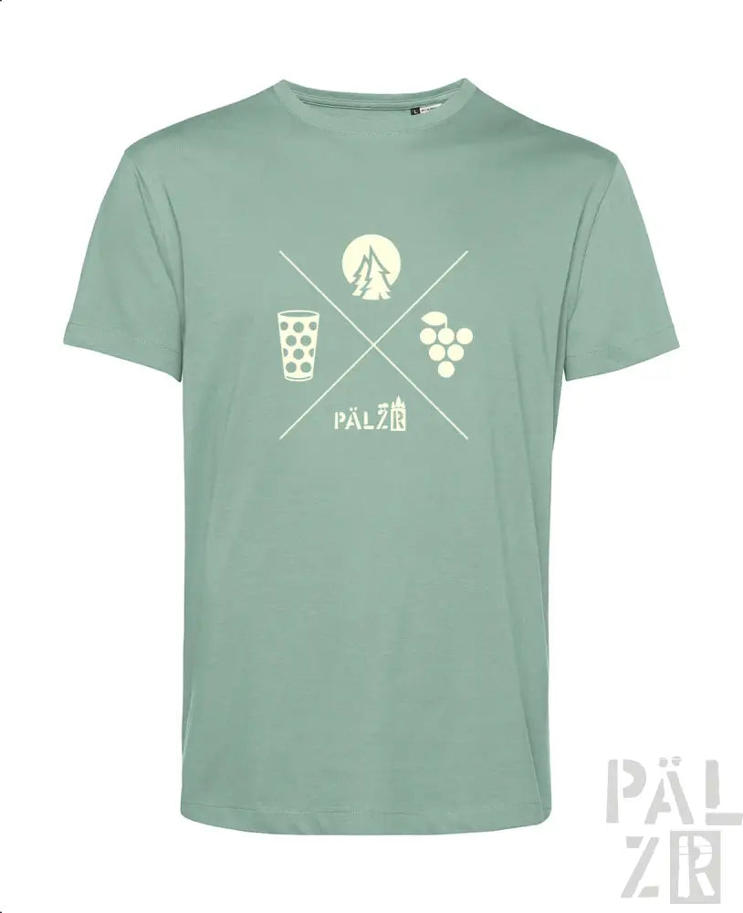 Minzgrünes T-Shirt mit weißem Grafikdesign, das einen Becher, Trauben und das Wort ’pälzer’ in Kreuzschraffur zeigt.