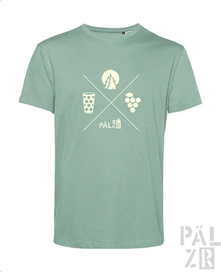 Minzgrünes T-Shirt mit weißem Grafikdesign, das einen Becher, Trauben und das Wort ’pälzer’ in Kreuzschraffur zeigt.