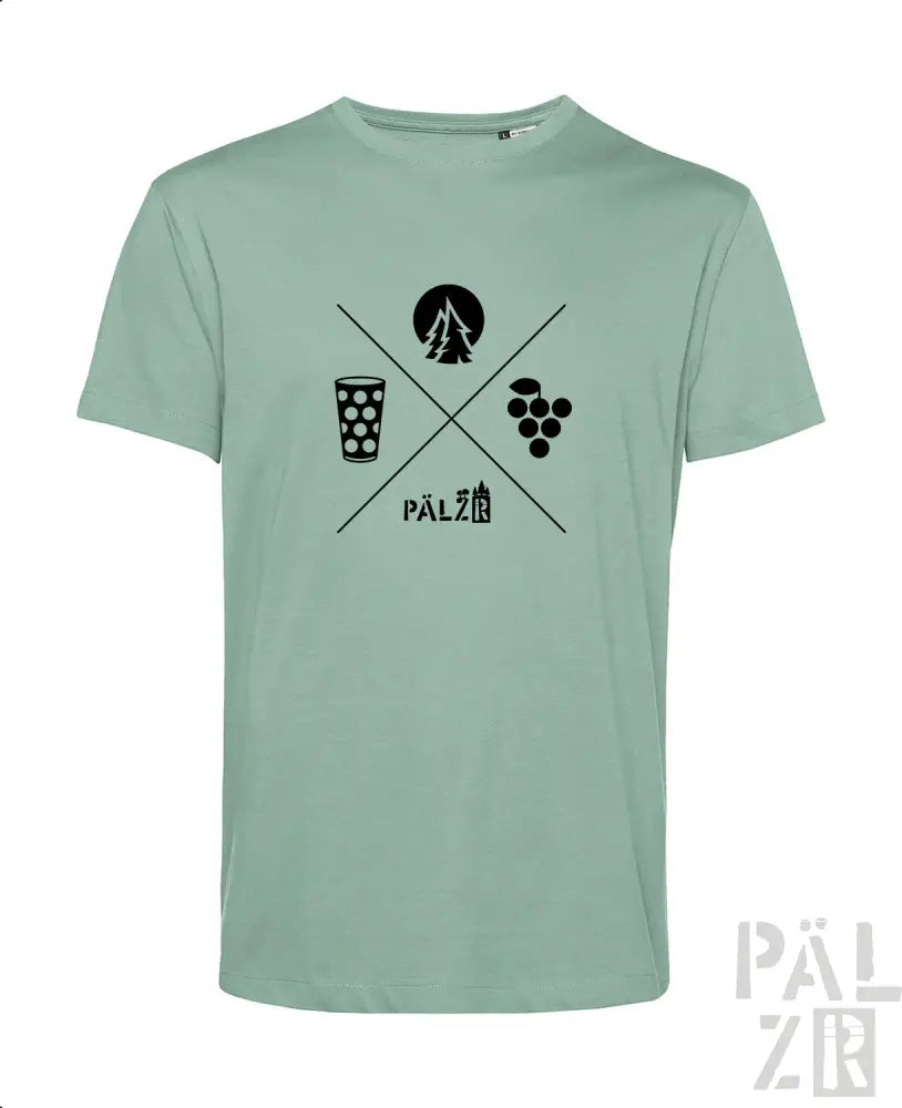 Minzgrünes T-Shirt mit schwarzem Grafikdesign, das ein gekreuztes Bierglas, eine Baum-Silhouette und Trauben zeigt.