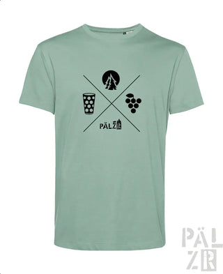 Minzgrünes T-Shirt mit schwarzem Grafikdesign, das ein gekreuztes Bierglas, eine Baum-Silhouette und Trauben zeigt.