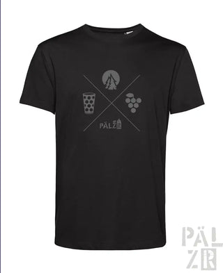Schwarzes T-Shirt mit Grafikdesign, das ein Glas Bier, Trauben und das Wort ’pälzir’ in Weiß zeigt.