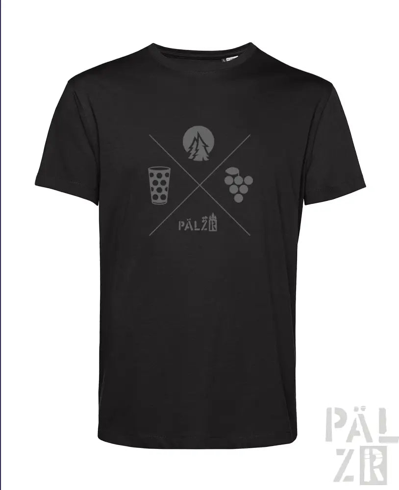 Schwarzes T-Shirt mit Grafikdesign, das ein Glas Bier, Trauben und das Wort ‚pälzir‘ in Weiß zeigt.