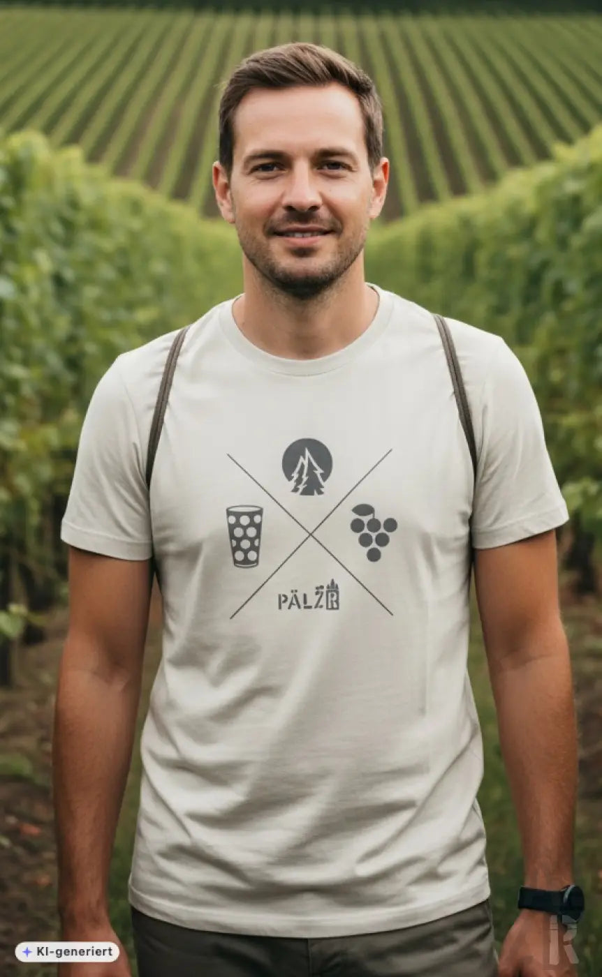 Männer t-shirt aus baumwolle in hellbeige mit grauem berg und wald motive und stylisiertem pä lz schriftzug