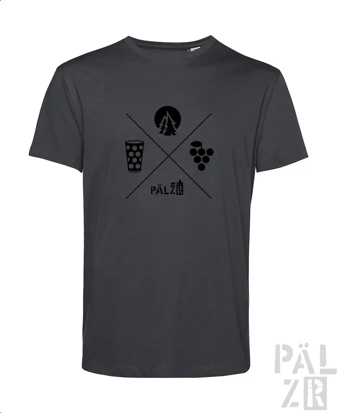 Dunkelgraues männer t shirt mit schwarzem wald und woi grafikdesign und pälz schriftzug in verschiedenen farben