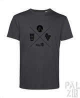 Dunkelgraues männer t shirt mit schwarzem wald und woi grafikdesign und pälz schriftzug in verschiedenen farben
