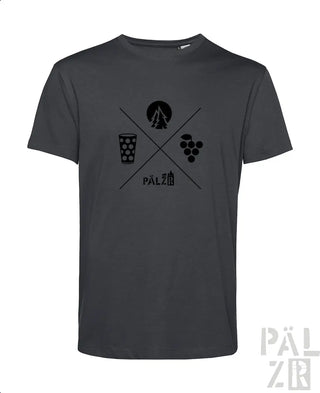 Dunkelgraues männer t shirt mit schwarzem wald und woi grafikdesign und pälz schriftzug in verschiedenen farben