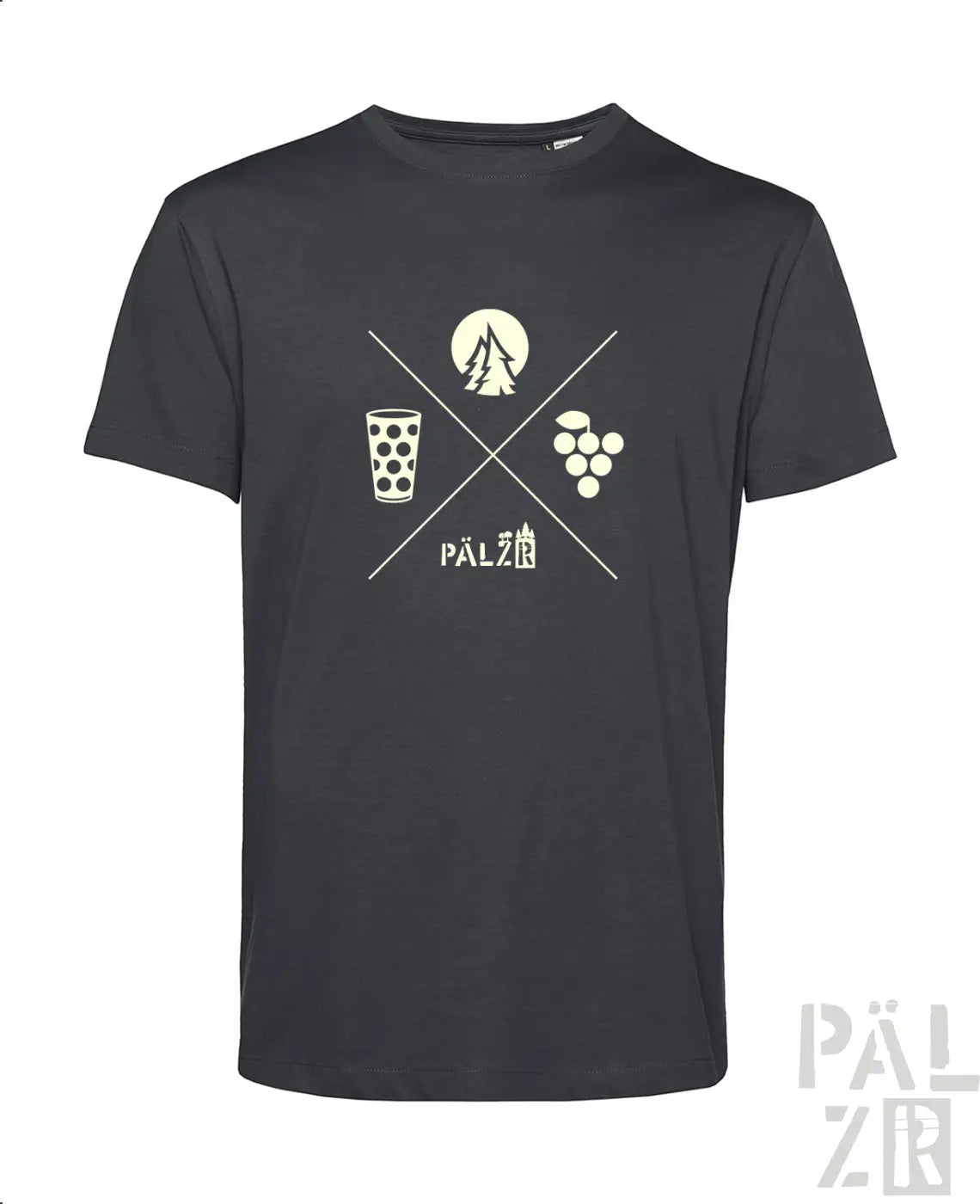 Schwarzes männer t-shirt mit weißem waldundwoi grafikdesign featuring baum glas trauben und pälz schriftzug