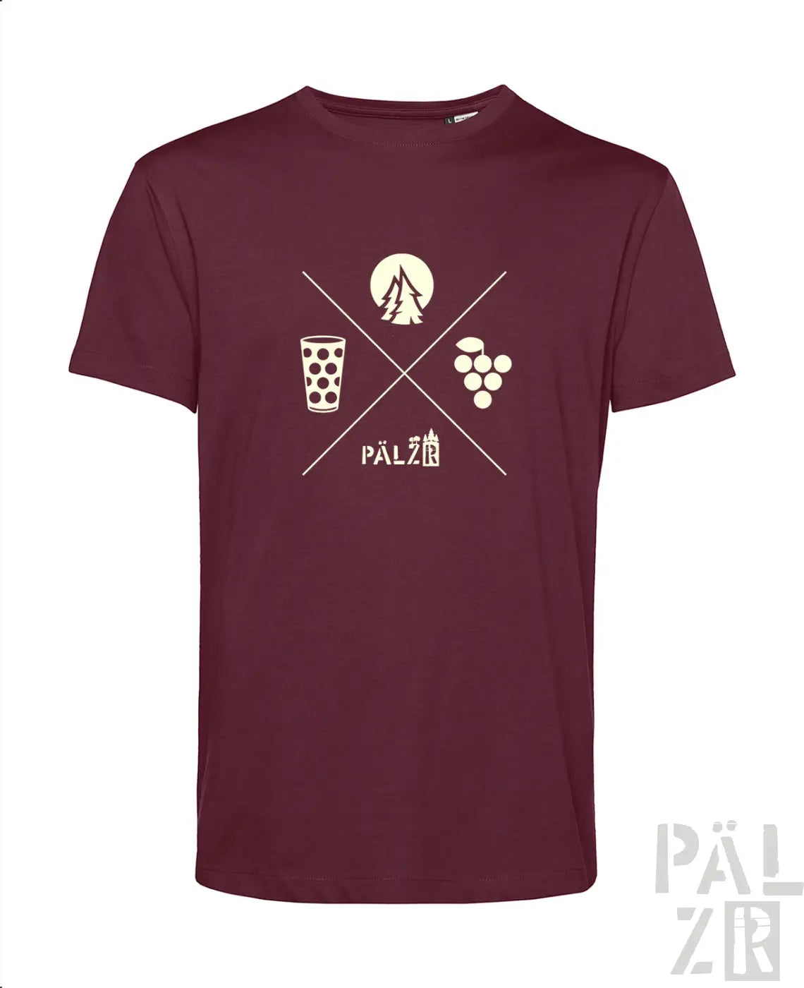 Männer t-shirt in bordeaux mit weißem wald und woi grafik aus glas trauben baum und mond mit pälzer text