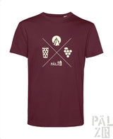 Männer t-shirt in bordeaux mit weißem wald und woi grafik aus glas trauben baum und mond mit pälzer text