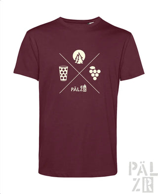Männer t-shirt in bordeaux mit weißem wald und woi grafik aus glas trauben baum und mond mit pälzer text
