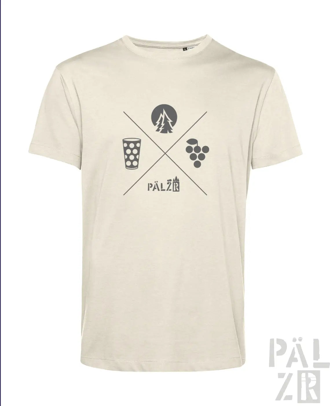 Beiges männer t-shirt mit kurzärmeln und dunkelgrafichem wald und woi design aus baumwolle