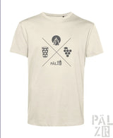 Beiges männer t-shirt mit kurzärmeln und dunkelgrafichem wald und woi design aus baumwolle