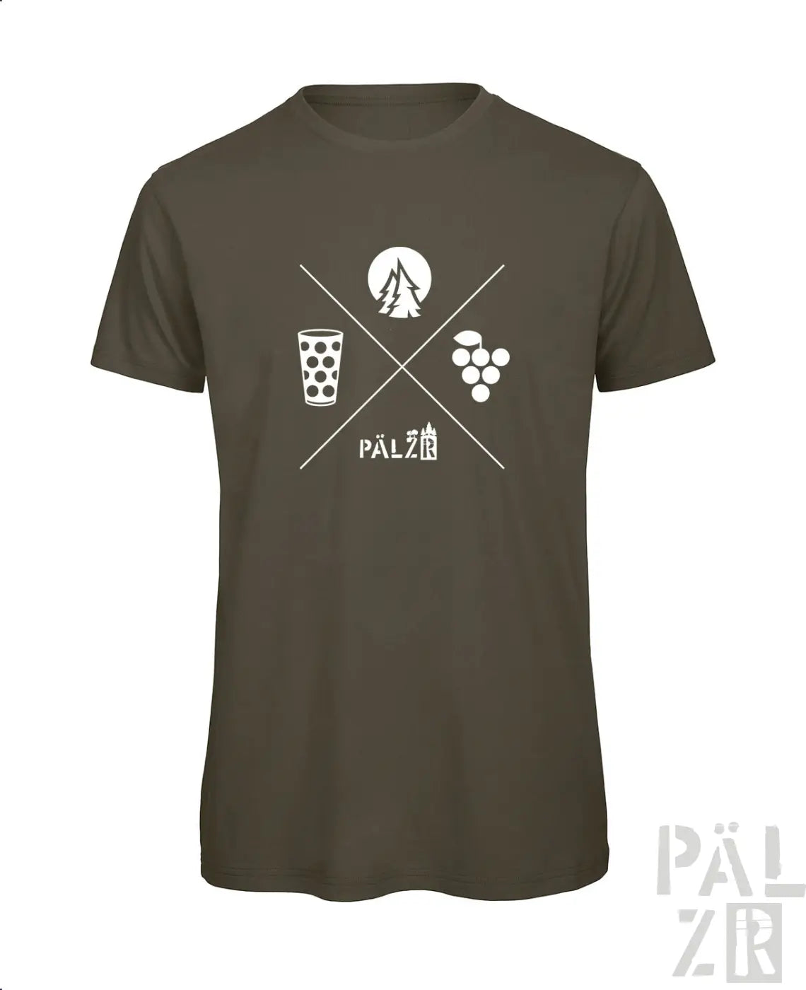 Olivegrünes männer kurzarm t shirt mit weißem grafikdesign aus bierglas trauben berg und pälzer schriftzug