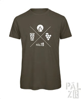 Olivegrünes männer kurzarm t shirt mit weißem grafikdesign aus bierglas trauben berg und pälzer schriftzug