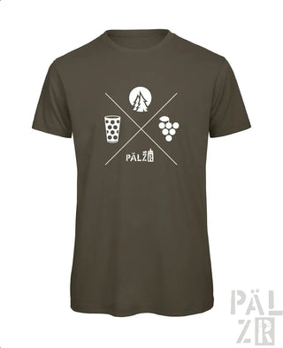 Olivegrünes männer kurzarm t shirt mit weißem grafikdesign aus bierglas trauben berg und pälzer schriftzug