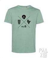 Männer t-shirt in hellgrün mit schwarzem wald und woi grafikdesign und stylisiertem palz schriftzug