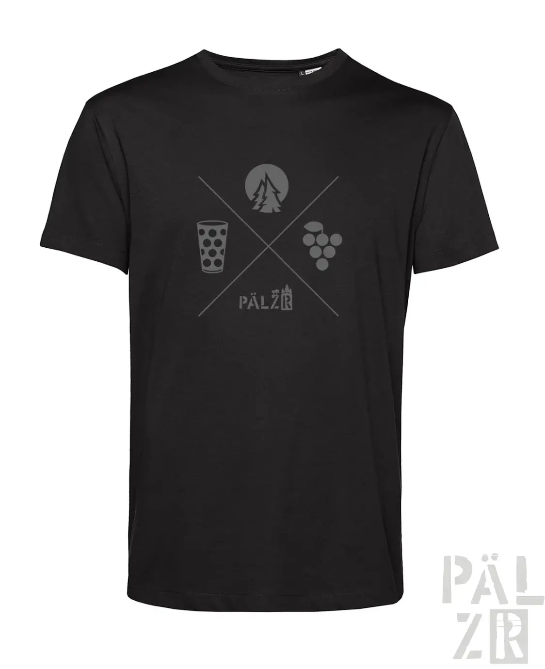 Schwarzes männer t-shirt mit grau grafischem wald und woi design mit baum kreis bierglas und trauben