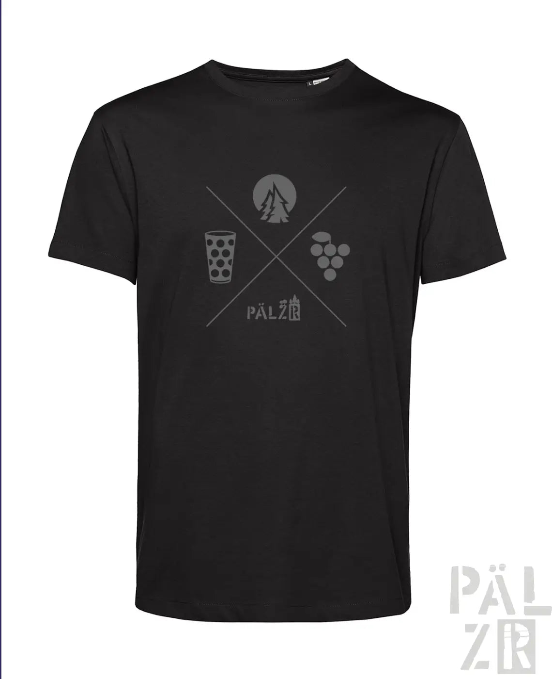 Schwarzes männer t-shirt mit grau grafischem wald und woi design mit baum kreis bierglas und trauben
