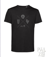 Schwarzes männer t-shirt mit grau grafischem wald und woi design mit baum kreis bierglas und trauben