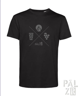 Schwarzes männer t-shirt mit grau grafischem wald und woi design mit baum kreis bierglas und trauben