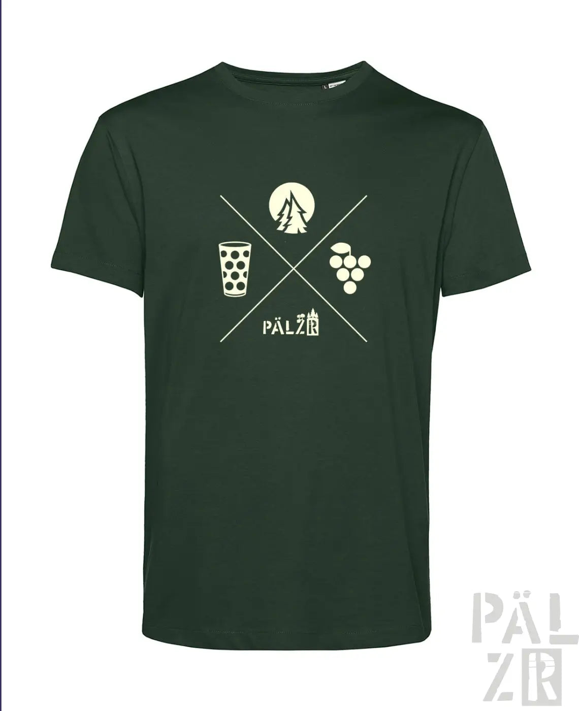 Männer t-shirt aus baumwolle in dunkelgrün mit weißem grafikdesign kreuzende symbole glas trauben berg und mond