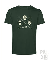 Männer t-shirt aus baumwolle in dunkelgrün mit weißem grafikdesign kreuzende symbole glas trauben berg und mond