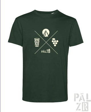 Männer t-shirt aus baumwolle in dunkelgrün mit weißem grafikdesign kreuzende symbole glas trauben berg und mond