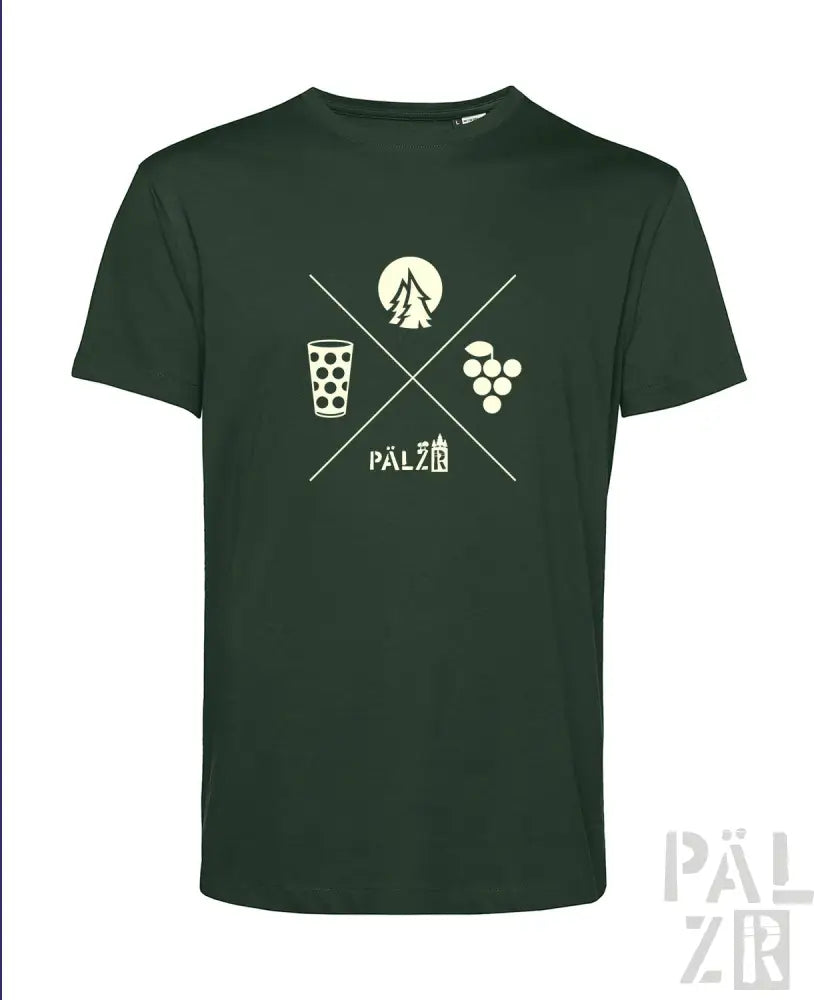 Grünes T-Shirt mit weißem Grafikdesign, das ein Glas Wein, Trauben und das Wort ‚pälzr‘ in Kreuzschraffur-Muster zeigt.