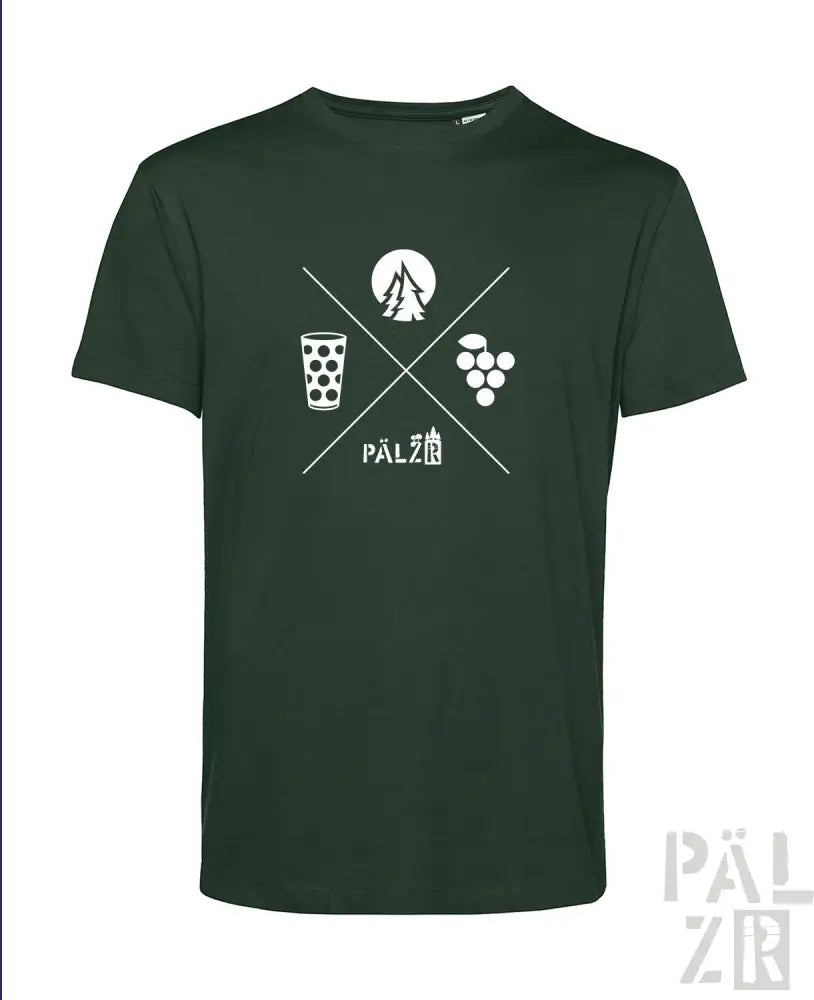 Dunkelgrünes T-Shirt mit weißem Grafikdesign, das ein Glas Bier, Trauben und den Text ‚pälzir‘ zeigt