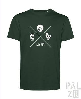 Dunkelgrünes T-Shirt mit weißem Grafikdesign, das ein Glas Bier, Trauben und den Text ‚pälzir‘ zeigt