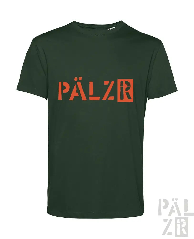 Grünes T-Shirt mit ’pälzr’-Logo in Orange, aus Baumwolle.