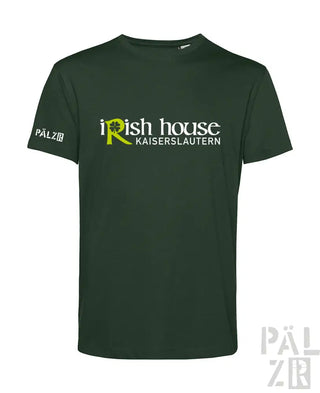 Dunkelgrünes T-Shirt mit ’irish house kaiserslautern’-Logo und Kleeblatt-Design, kurze Ärmel, Baumwollmaterial.