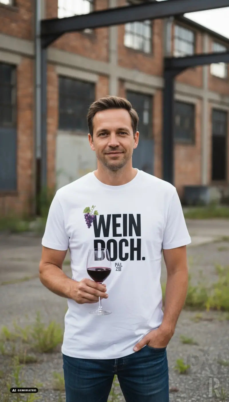 Weißes männer t-shirt mit schwarzem wein doch text, trauben grafik und pal 28 kleingedruckt