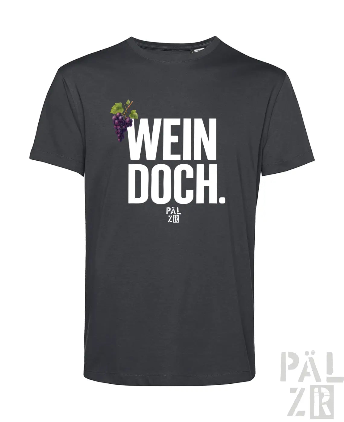 Dunkelgraues kurzarmshirt männer mit weißem wein doch text lila traubenmotiv und pal zib markenlogo unten