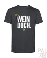Dunkelgraues kurzarmshirt männer mit weißem wein doch text lila traubenmotiv und pal zib markenlogo unten
